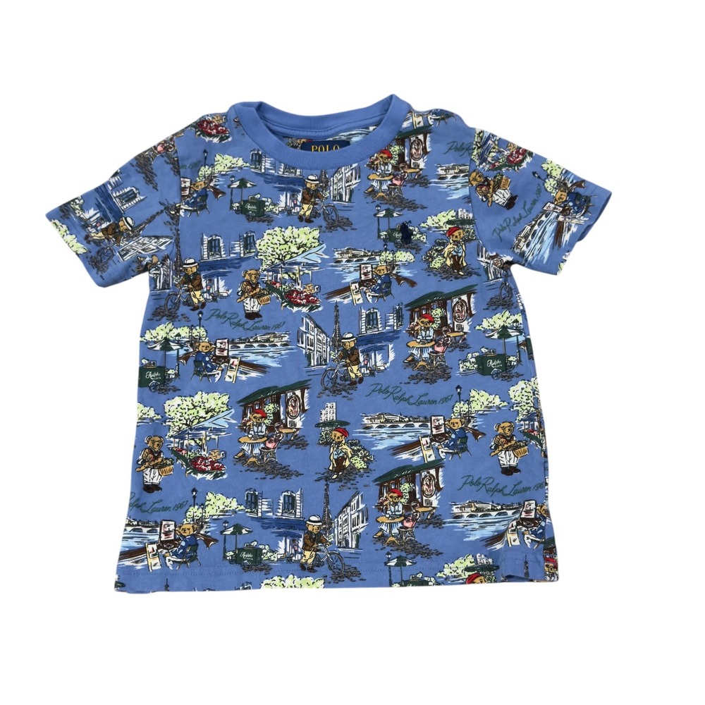 Polo Ralph Lauren Kids Size 4 Blue Paris AOP Polo Bear Print Cotton T-Shirt euc